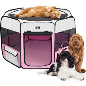 X-ZONE PET Dog Playpen Portable Pet Play Pens for Puppies, Cat, Rabbit, Chicks, Foldable Exercise Play Tent Kennel Crate, Indoor/Outdoor Travel Camping Pink Large