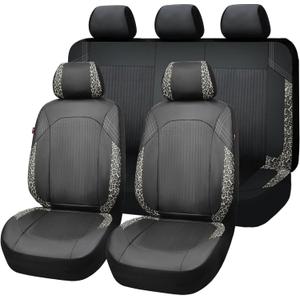 Flying Banner Synthetic Leather car seat Covers Full Set Front and Rear Bench Fashion Easy Installation Cup Holder Free (Black & Leopard Gray Print, Low Bucket - Full Set)