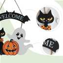 Halloween Wooden Welcome Sign for Front Door, Halloween Black Cat Ghost and Jack Pumpkin Hanging Welcome Sign for Indoor Outdoor, Wooden Sign for Wreath Doors Walls