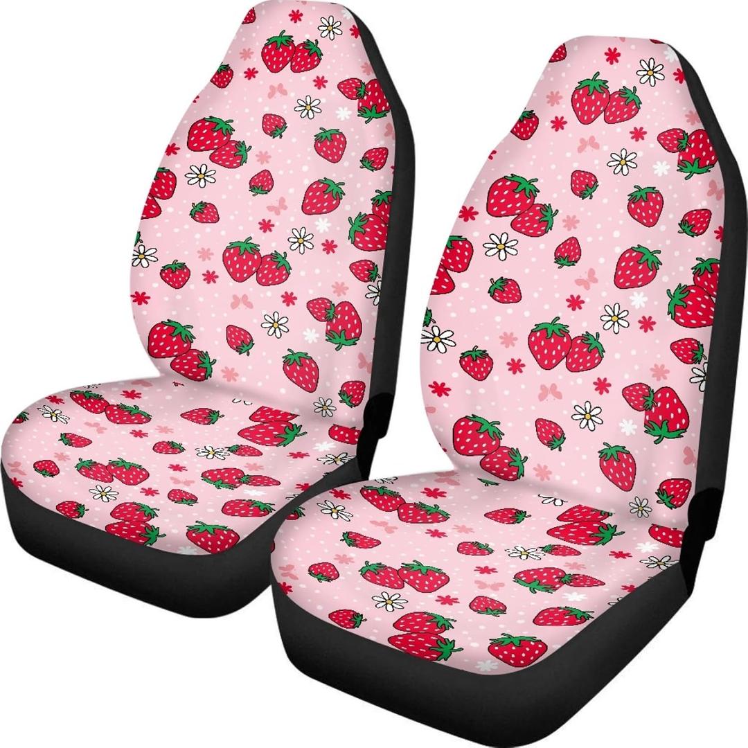 Strawberry Print Car Seat Covers for Women Ladies,Universal Bucket Front Seats Protector Fits for Car,SUV Sedan,Truck,2PCs Set