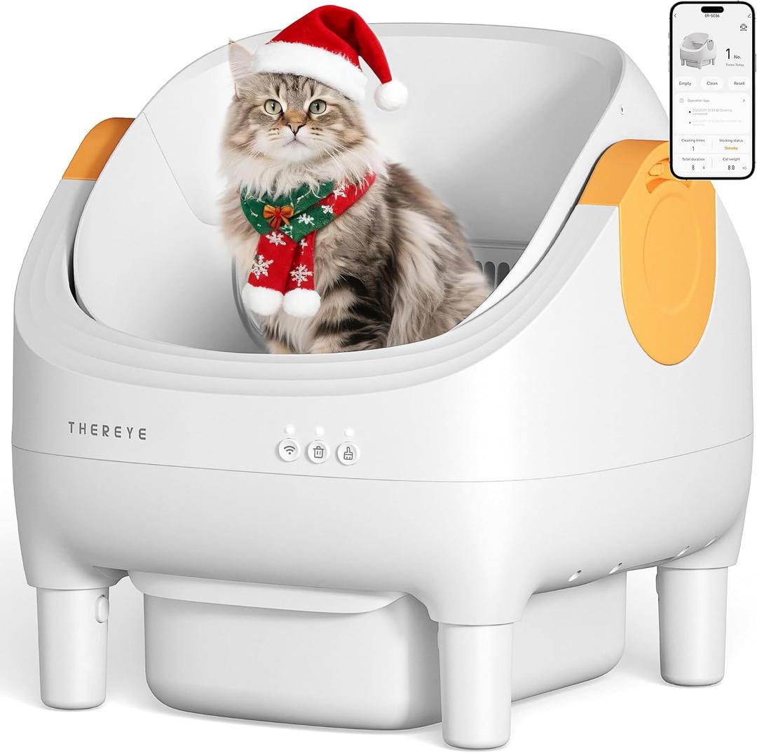 Thereye Self Cleaning Cat Litter Box, Open-Top Automatic Litter Box with Smart App and Safety Sensors, Large Auto Litter Box for Multiple Cats, 10L Waste Bin with Odor Control, Includes Trash Bag