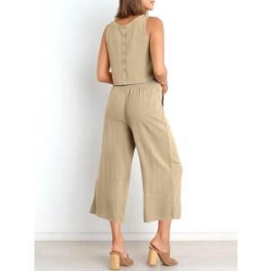 ANRABESS Women's Summer 2 Piece Outfits Sleeveless Crop Top Capri Wide Leg Pants Jumpsuit Linen Lounge Beach Travel Sets (Large, Apricot)