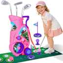 Toddler Golf Set for 2 3 4 5 Years Old Boys Girls,Kids Golf Clubs with Putting Mat, Upgraded Kids Golf Cart with Putting Mat & Cornhole Board, Outdoor Indoor Sports Toys - Pink