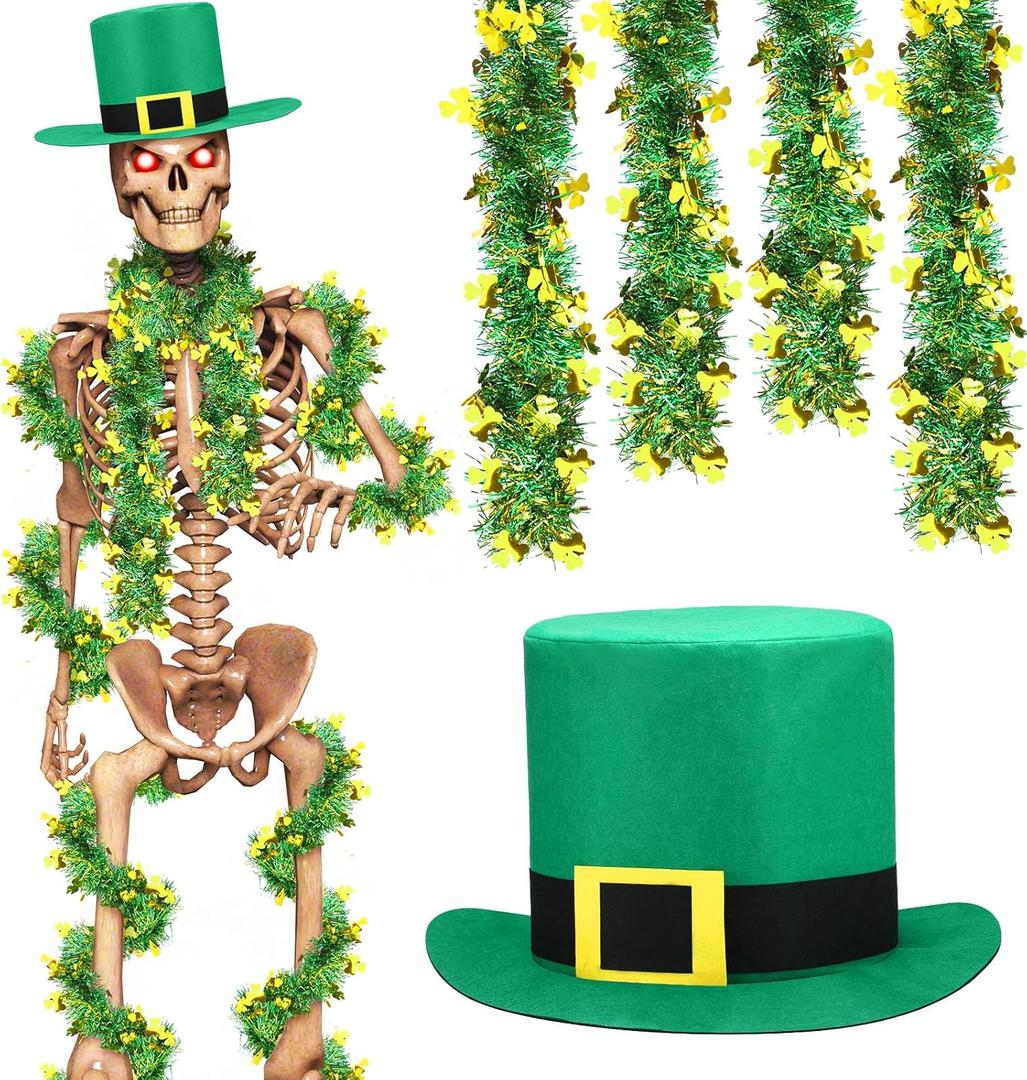 Geyoga St Patrick's Day 12 ft Skeleton Giant Skeleton Clothes Accessories Green St Patrick's Day Hat with 2 Shamrock Metallic Tinsel Garlands for Irish 12 ft Outdoor Decoration, Skull Not Included