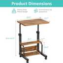 WINAZ C Shaped Rolling Laptop Desk - 24" Rustic Brown Mobile Desk with Wheels for Small Spaces, Height Adjustable Overbed Table with 2-Tier Storage Shelves, 23.6"