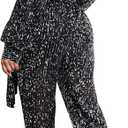 Women Sparkly Dressy Jumpsuit Deep V Neck Long Sleeve Clubwear Plus Size Wide Leg Long Pants Rompers (Large)