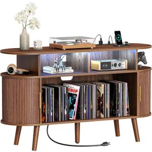 47.2 Inch Large Record Player Stand with Power Outlets & 3-Color Lights, Vinyl Record Stand with 2 Fluted Cabinets, USB-C Port, Mid Century Modern Player Stand, Open Storage, Walnut