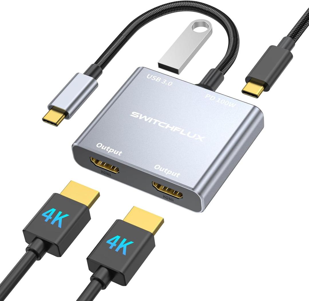 USB C to Dual HDMI Adapter |4K60Hz HDMI Splitter Extended Display for Dual Monitors,100W PD,USB 3.0 Port Converter Compatible with Laptop,Tablet,Graphics Card