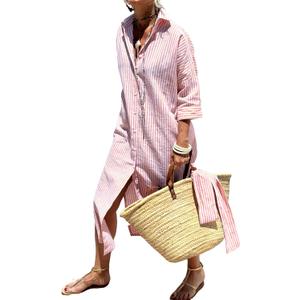 utcoco Womens 2025 Shirt Dress Casual Lapel 3/4 Sleeve Button Down Split Belted Vacation Maxi Dress (Large, Pink Striped)