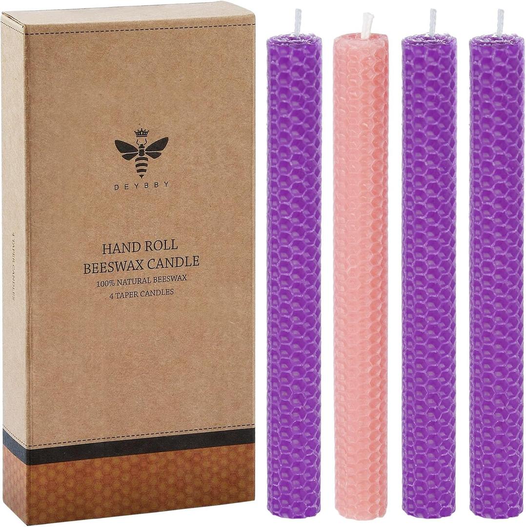 2 x DEYBBY Natural Beeswax Taper Candles,Honeycomb Hand Rolled Beeswax Candles, Dripless and Smokeless Candle, Set of 4 Flat Top(Christmas Advent)