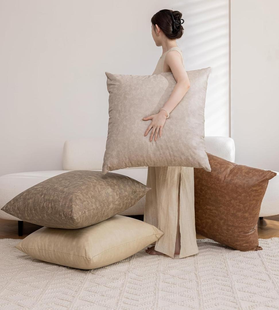 Pack of 4 Oversized Faux Leather Neutral Decorative Throw Pillow Covers 28x28 inch, Soft Modern Boho Luxury Waterproof Floor Cushion Cases, for Outdoor Lounge Sofa Couch Bed Home Deco (Beige/Light Grey/Olive Green/Brown)