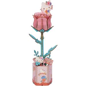 Hands Craft Hello Kitty and Friends Pink Rose 3D Wooden Puzzle Kit | DIY Flower Model | Arts & Crafts for Adults & Kids | Creative Hobby Kits | Hello Kitty Collectible | Wood Building Set