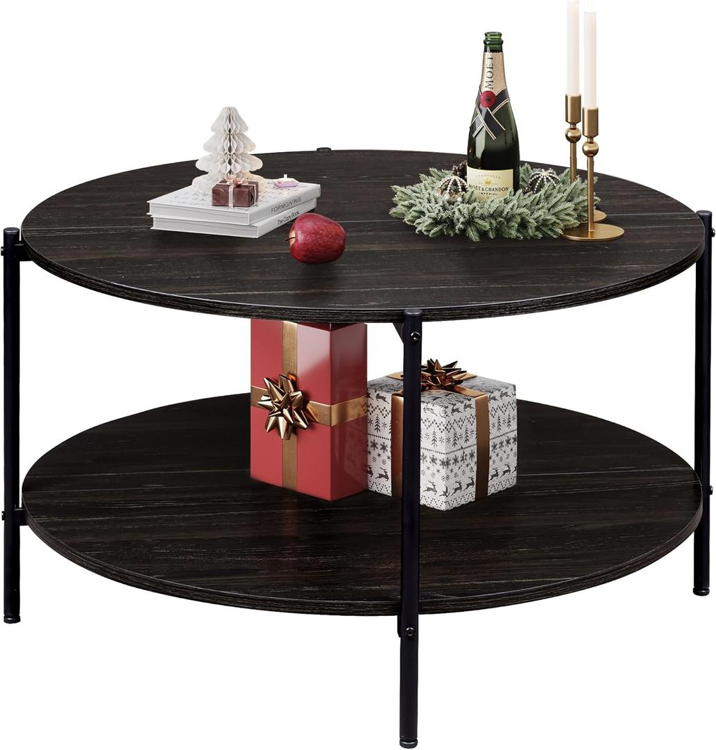 WLIVE Round Coffee Table for Living Room, 32.6" Small Coffee Table with Open Storage Shelf, 2-Tier Industrial Circle Wood Center Table for Bedroom, Home Office, Charcoal Black