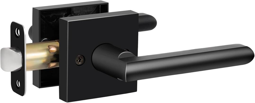 HOSOM Black Door Handle Interior Passage Door Lever for Hall and Closet Heavy Duty Reversible Door Handles Knob with Square Plate Left or Right Handing No Locking Matte Black
