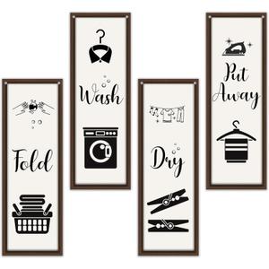 4 Pcs Laundry Room Decor, Put Away Fold Wash Dry Decor Wooden Sign, Funny Minimalist Laundry Wooden Hanging Sign, Laundry Wall Art For Laundry Bathroom Restroom Washroom Home Farmhouse A24