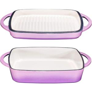 Bruntmor 2-in-1 Square Enamel Cast Iron Dutch Oven Baking Pan with Handles, Purple Baking Pans Set with Cast Iron Skillet, Braising Pan for Casserole Dish with lid, Oven Safe