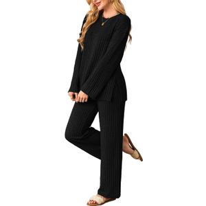 Kikibell Womens Sets 2 Piece Outfits Matching Lounge Set Cozy Knit Pajamas Oversized Loungewear Fall Winter Clothes S-2XL (Medium, Black)