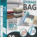 Cozy Essential Vacuum Storage Bags, 80% Compression Vacuum Seal Space Saver Plastic Packaging Bags for Clothes, Blankets, Pillow, Bedding, Comforters, Sealer Clothing Storage,30 Combo