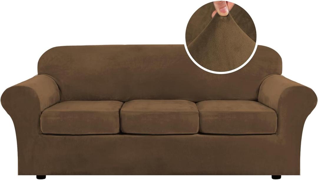 H.VERSAILTEX Modern Velvet Plush 4 Piece High Stretch Sofa Slipcover Sofa Cover Furniture Protector Form Fit Thick Velvet Sofa Cover for 3 Cushion Couch Width Up to 90 Inch (Sofa, Bronze Brown)