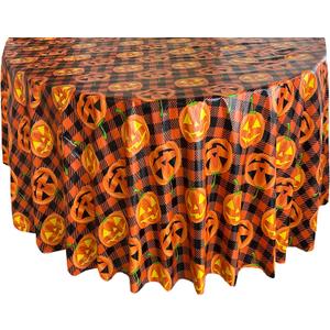 Newbridge Halloween Jack-O-Lantern Vinyl Tablecloth with Flannel Backing, 70 Inch Round, Orange and Black Buffalo Plaid with Spooky Pumpkin Faces, Wipe Clean Halloween Table Cover