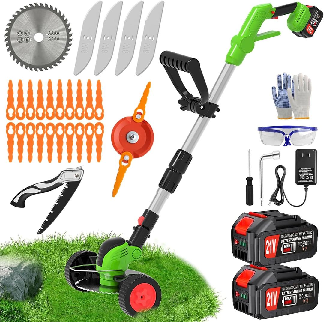 Electric Cordless Weed Wacker Eater Battery Powered,21V/4.0Ah Lightweight No-String Weed Trimmer with 2 Battery Operated& Wheels,3 in 1 Stringless Grass Trimmer/Edger/Brush Cutter for Garden Yard Lawn