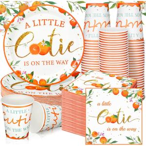 Hushee 200 Pcs Little Cutie Baby Shower Paper Plates Napkins Cups Orange Baby Shower Party Supplies Tableware Set Orange Disposable Cup Napkin for 50 Guest Girls Spring Party Decoration