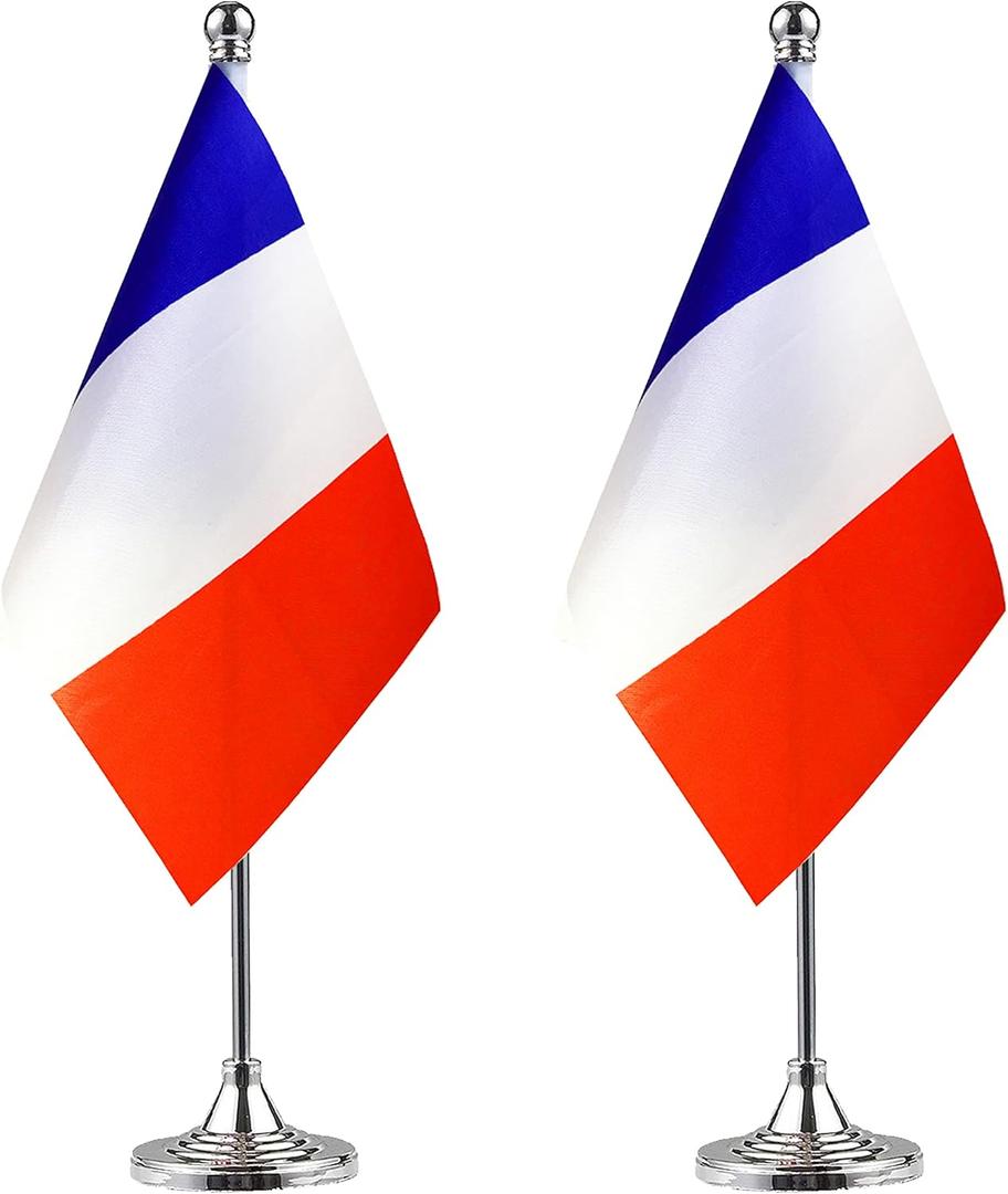 WXTWK Pack of 2 France Flag French Desk Flag Small Mini French Table Flags With Stand Base, Home Office Festival Events Celebration Decorations