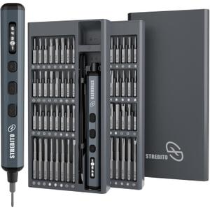 STREBITO Mini Electric Screwdriver Set, 70-in-1 Max Precision Electric Screwdriver Kit with Lights, 5 Upgraded Torque Levels, 64 Magnetic Bits, Electric Screwdriver Cordless for PC RC Electronics (Grey - Digital Display Version)