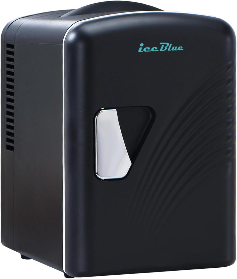 Iceblue Mini Fridge, Retro 4 Liter /6 Cans Mini Skincare Fridge, AC Plug & 12V Car Charger Mini Makeup Fridge, Compact & Portable 4A Cooling Tiny Fridge for Bedroom, Car, Office, Dorm, Gift (Black)