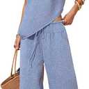 EXLURA Womens Summer Two Piece Sets Cotton Asymmetrical Tank Tops Wide Leg Pants Set Faux Linen Beach Vacation Cruise Outfits, Large