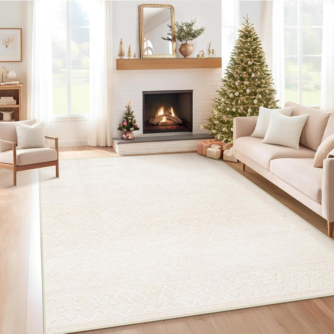 5x7 Area Rugs Living Room: Washable Boho Geometric Moroccan Rug Neutral Modern Farmhouse Indoor Soft Non Slip Ultra Thin Printed Pattern Carpet for Dining Room Bedroom Nursery Home (Beige, 5'x7')