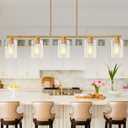 Mecgirn Island Light for Kitchen, Brushed Gold Dining Room Light Fixture Over Table, 5-Light Linear Chandelier Pendant Lighting for Dining Table Kitchen Island Living Room, 5 Light + Clear Glass
