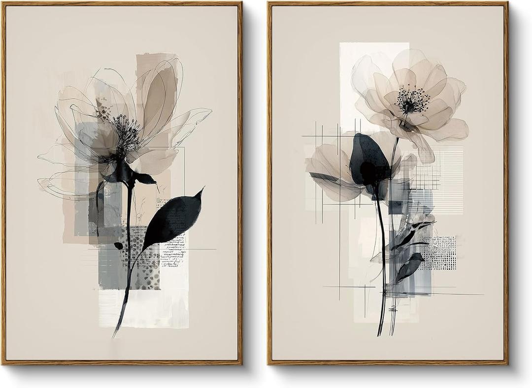 HUARCEY Large Modern Abstract Flower Wall Art Framed Canvas Set of 2, 16"x24" Minimalist Floral Paintings Artwork 2 Piece, Contemporary Neutral Tones Bedroom Living Room Kitchen Home Decor