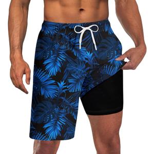 Goodstoworld Men's Funny Swim Trunks with Compression Liner 2 in 1 Quick-Dry 9" Stretch Shorts with Three Pockets (Blue, M)