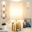 Touch Control Table Lamp for Bedroom, 3 Way Dimmable Modern Gold Bedside Lamps with 2 USB Charging Ports with Metal Base Fabric Shade for Nightstand, Living Room, Home Office (Bulb Included)
