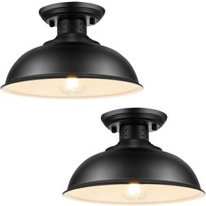 2PCS Semi Flush Mount Ceiling Light, Industrial Close to Ceiling Lighting Fixtures, Rustic Vintage Metal Black Ceiling Lamp for Kitchen Island Bedroom Hallway Farmhouse, 13in