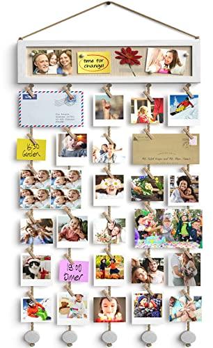 Bikoney Collage Picture Frames Hanging Photo Display Multi Pictures Organizer with Wood Bulletin Board Photo Board 30 Clips and 6 Pushpins for Room Wall Decor (White)