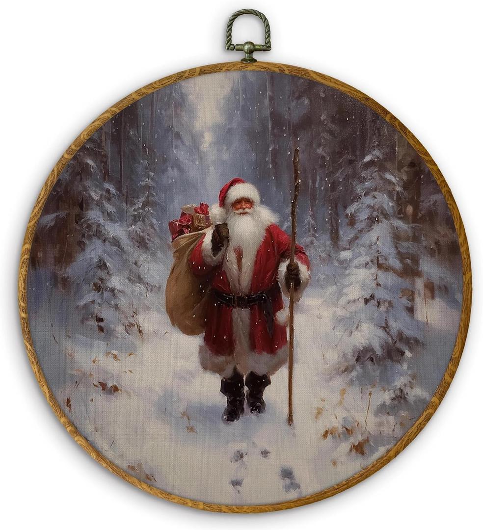 DILSJ Winter Christmas Santa Claus Round Wall Art Decor, Vintage Christmas Canvas Wall Art Framed, Winter Forest Holiday Santa Xmas Hanging Decorations for Home Bedroom Living Room, 10x10 Inch