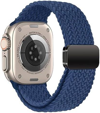 iBazal Compatible with Apple Watch Band 49mm 45mm 44mm 42mm Nylon Braided Magnetic Solo Loop Strap Replacement for iWatch Series Ultra/Ultra 2 9/8/7/6/5/4/3/2/1/SE/SE2 - 42/44/45/49 Cold Sea Blue and Black 2 Pack