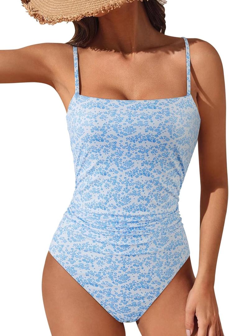 SUUKSESS Women Sexy Tummy Control One Piece Swimsuits Square Neck Bathing Suits (Large, 62 Blue Ditsy Floral)