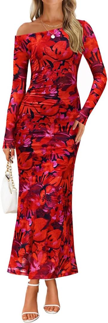 ZESICA Women's Long Sleeve Floral Maxi Dress 2026 Fall Off Shoulder Bodycon Ruched Mesh Cocktail Wedding Guest Dresses (Red, L)