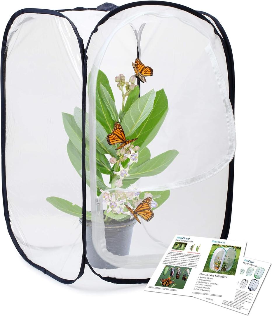 RESTCLOUD Insect and Butterfly Habitat Cage Terrarium Pop-up 23.6 Inches Tall (White With Black)