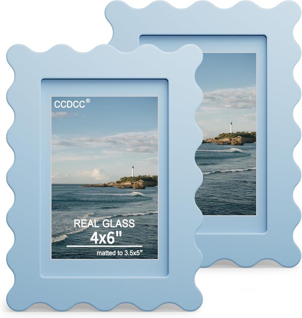 4x6 Picture Frame with Real Glass, Wooden Wavy Photo Frame with 3.5x5 Mat for Tabletop and Wall Hanging, Blue, 2 Pack