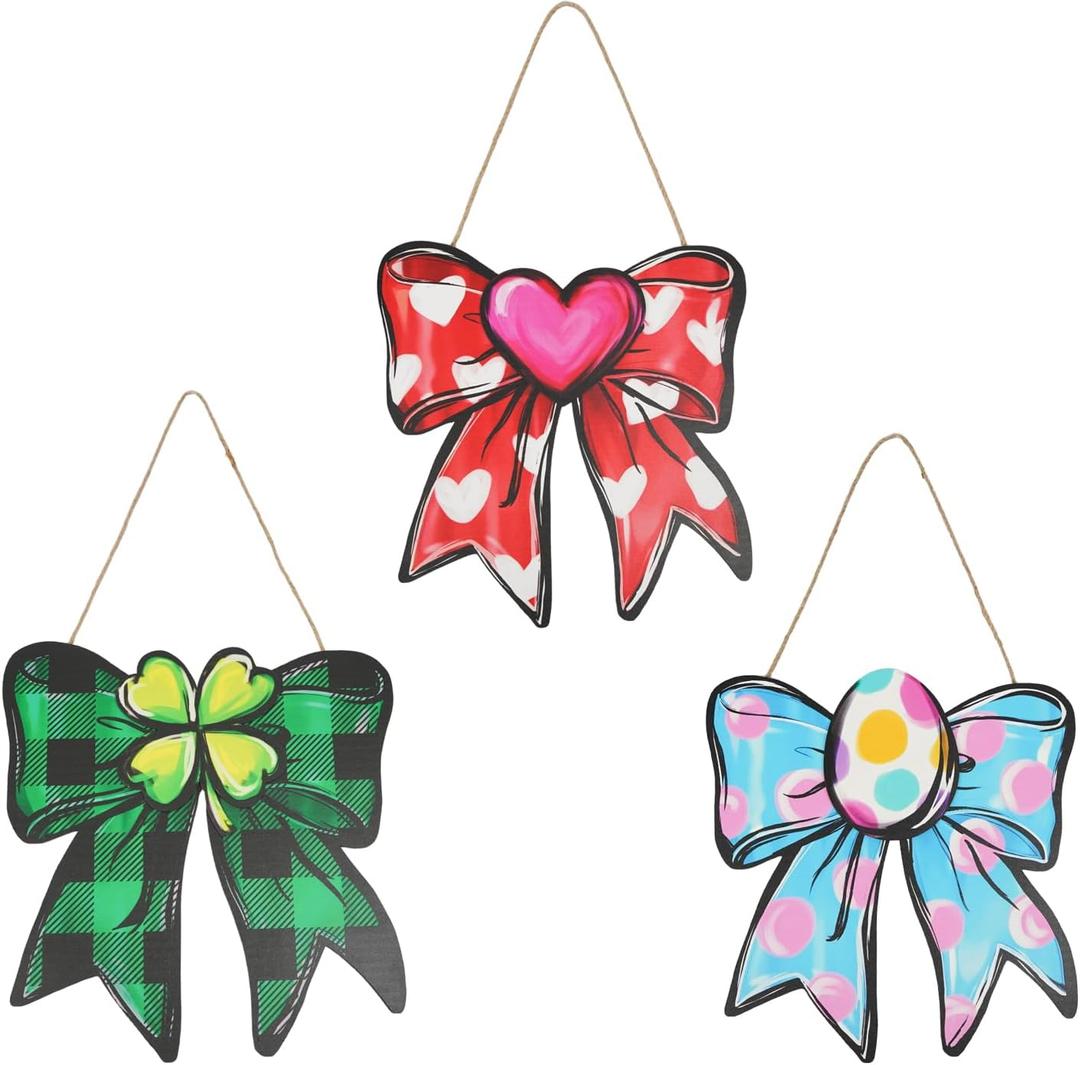 Valentine's Day Door Decoration - Valentine's Bow Decor St. Patrick's and Easter Sign Welcome Wall Signs Door Wreath Set Hanging for Home Wall Party Outdoor Indoor Supply Decor Gifts 12.2x11.8 Inch