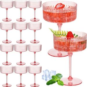 Jingmore 12 Pcs Ribbed Martini Glasses 10 oz Disposable Plastic Vintage Ribbed Coupe Glasses Unbreakable Dessert Parfait Glassware for Wedding Birthday Party Supplies (Pink)
