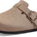 KIDMI Unisex Vegan Suede Clogs Leather Mules Womens Mens Cork Footbed Potato Shoes with Arch Support, Vegan Suede Taupe, Size 37