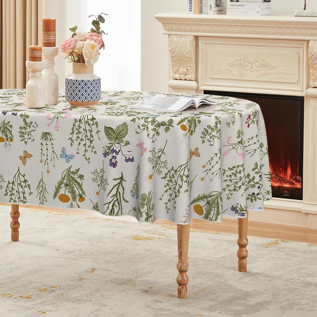 Horaldaily Spring Tablecloth 60×84 Inch Oval, Watercolor Wildflowers Floral Herbs Washable Seasonal Table Cover for Party Picnic Dinner Decor