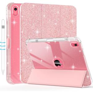 Case for iPad (A16) 11th Generation 2025 11-inch/10th Generation 2022 10.9 inch with Pencil Holder, Sparkle Glitter Leather Trifold Stand Magnetic Smart Cover, Auto Wake/Sleep (Rose Gold)