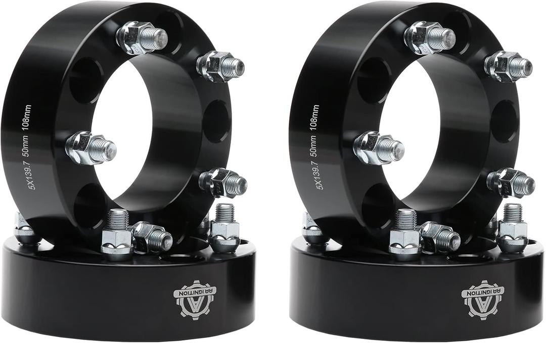 AA Ignition Wheel Spacer Set of 4 Black - 5 Lug 2 inches 50mm Real Forged 5x5.5 - Compatible with Dodge Ram 1500 2012, 2013, 2014, 2015, 2016, 2017, 2018 5x139.7mm, 108mm Bore, M14x1.5 Studs