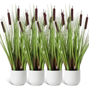 Jexine 4 Pack 2ft/24inch Artificial Grass Plant Outdoor Artificial Greenery Grass in Pot with Fake Brown Cattails for Spring Room Office Indoor Outdoor Decor Housewarming Gifts
